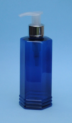 SNSET-THCBPETHX250MSNP-250ml Cobalt Blue Hexagonal PET bottle with 24/410 Metallic Silver/Natural Pump 