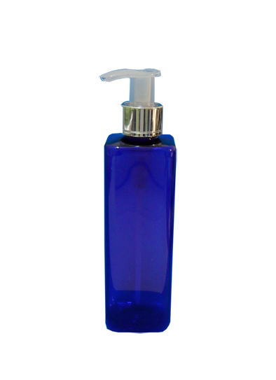 SNSET-SQ250PETCBMSNP-PET Plastic Bottle-Square-Cobalt Blue-250ml with Metallic Silver/Natural Pump