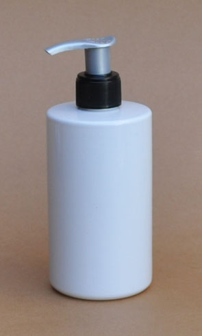 SNSET-THWPETRSQ250BSP-250ml White PET Round Bottle with Square Shoulder and a 24/410 Black/Silver Pump