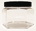 SNJ-24655FB-CLEAR PLASTIC JAR, 8 OZ PET HEXAGON WITH A FLAT BASE and Flat Smooth Black 70/400 Lid